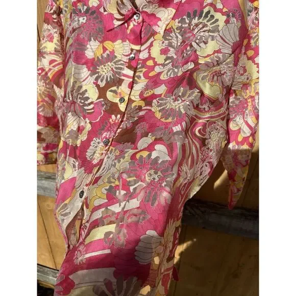 Notations Women's Pink Floral Half Sleeve Semi Sheer Button Shirt Top Size L - Picture 5 of 9